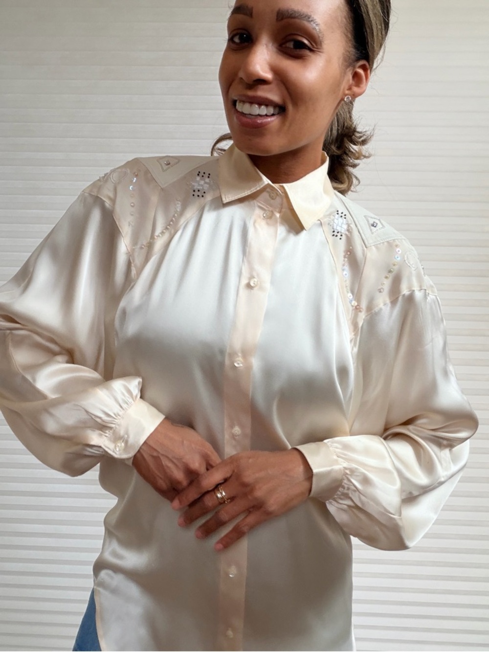 Vintage Marc D’Alcy Silk Western Style Beaded & Leather Yoke Blouse